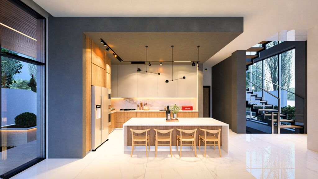 طراحی دکوراسیون و دیزاین داخلی پذیرایی و آشپزخانه ویلای مدرن لوکس در شهرک جهانویلا (10)