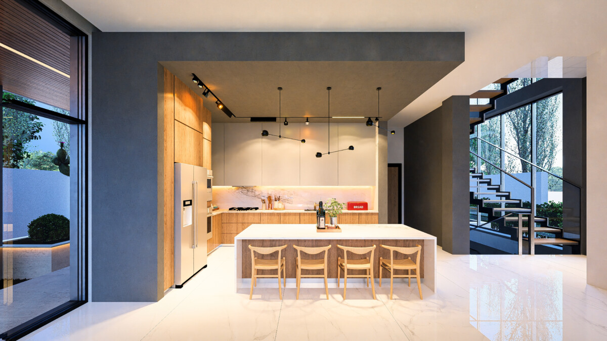 طراحی دکوراسیون و دیزاین داخلی پذیرایی و آشپزخانه ویلای مدرن لوکس در شهرک جهانویلا (10)